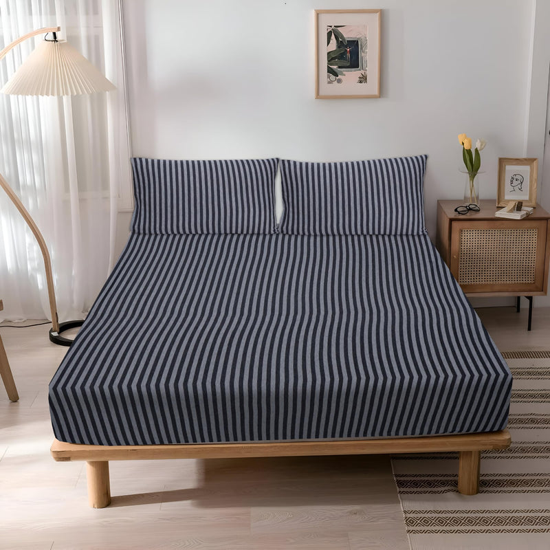 Ciel Home Wrinkle and Iron Free Cotton Rich Jersey (Soft T-Shirt Fabric) - Fitted Bed Sheet Set with 2 Pillow Covers - Fits Up to 6" Mattress- (78" X 72" King, Dark Grey & Grey Heather Stripes)