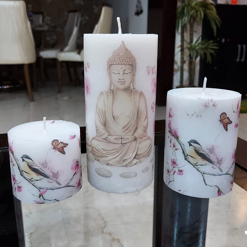 Bella Vista - Set of 3 Pillar Candles, for Home Decor, Gift, Spa, Meditation, Non Scented, Weight 1350 Grams, Dim: 3x3 inch, 3x4 inch & 3x6 inch, Design - DE1039