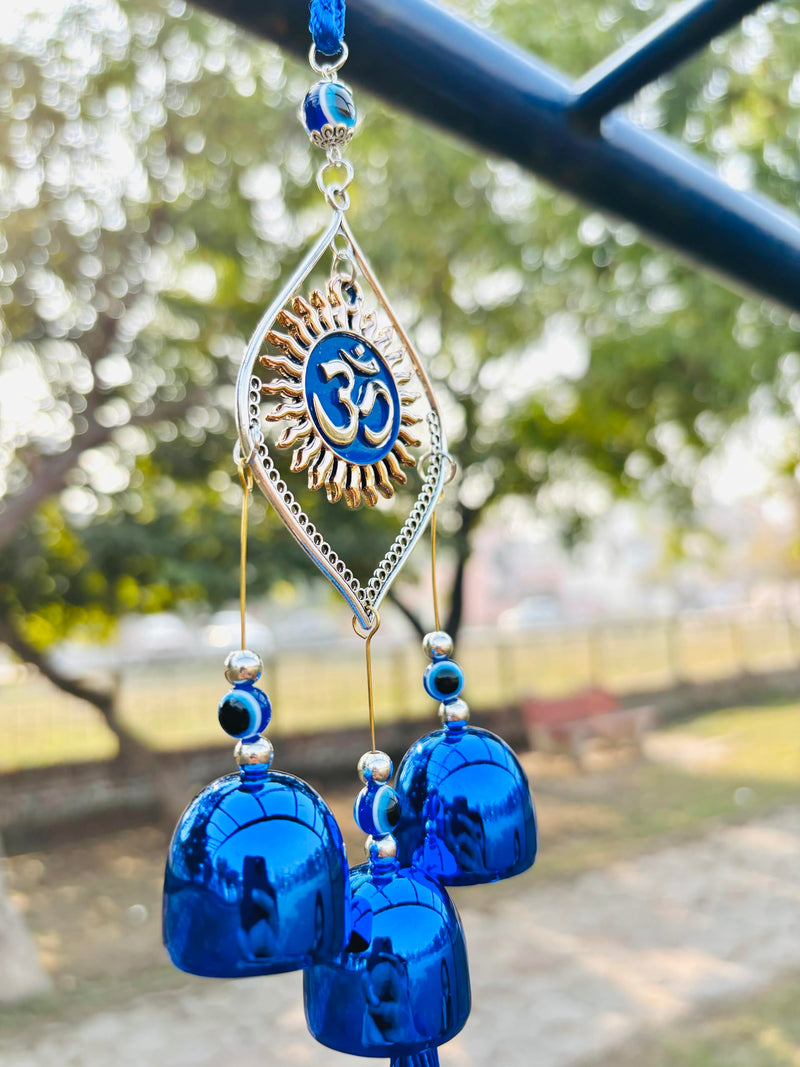 WARMINGO Evil Eye Wind Chime 3 Bells for Home & Office - Brings Positive Vibes & Removes Negative Energy | Evil Eye Wind Chime | Evil Eye OM 3 Bells