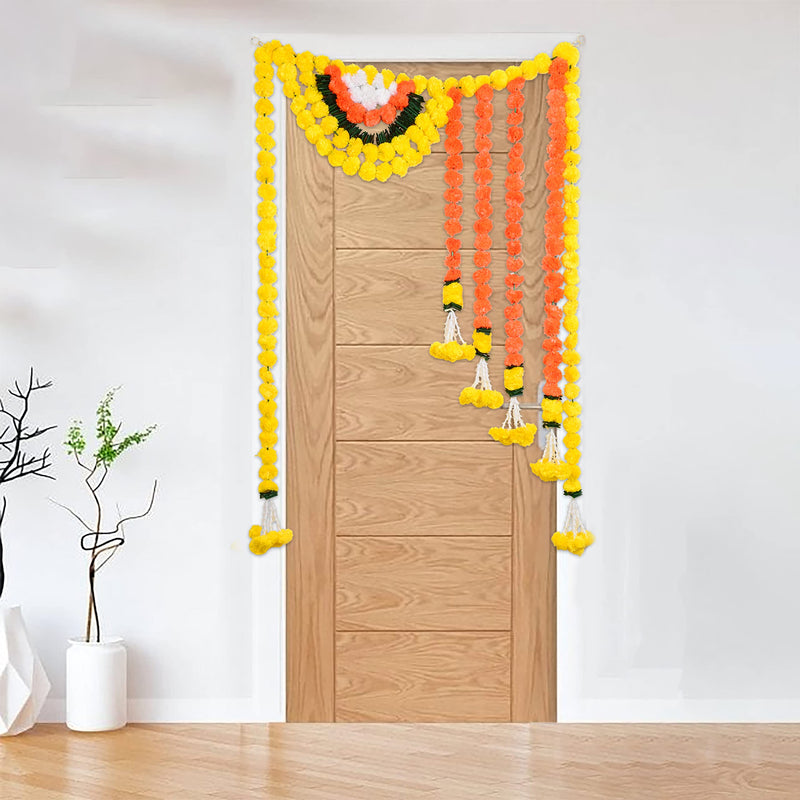 Virushka Toran With Artificial Leaf And Genda Flowers Main Door Hanging Specially Designed For Weddings And Pooja, 37 Inch