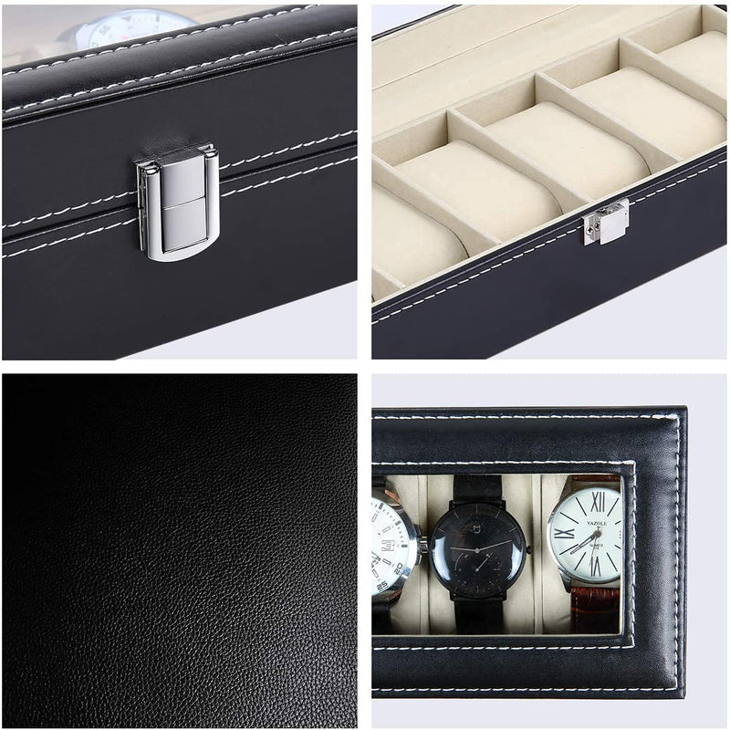 WOLBLIX Watch Box 6 - Slot, Watch Holder with Glass Lid, Watch Case with Removable Watch Pillow, Velvet Lining, Metal Clasp, Watch Box Display Case Organizer Men's & Women's Gift Business