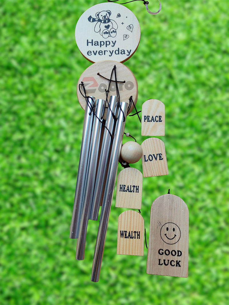 Zobro Wind Chimes for Home Balcony Garden Positive Energy, Home Decor Hanging with Good Sound, 4 Silver Pipes with msg (Wooden)