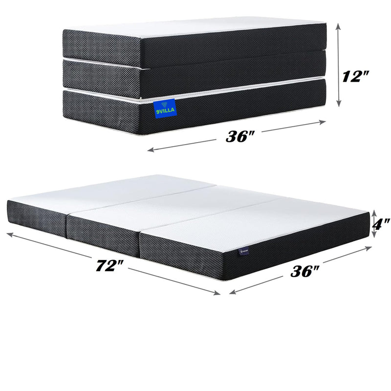 9villa Tri Folding Memory Foam Mattress | Soft & Miduim Firm | Foldeble Mattress | Play Mat Foldable Bed | Guest beds | Camping Bed (Single Bed 72x36x4)