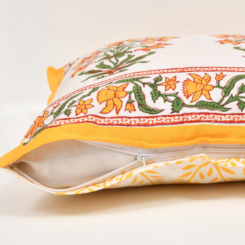 BLOCKS OF INDIA Hand Block Printed Cotton Cushion Cover (16 X 16 Inches) (Yellow Flower), 300 TC