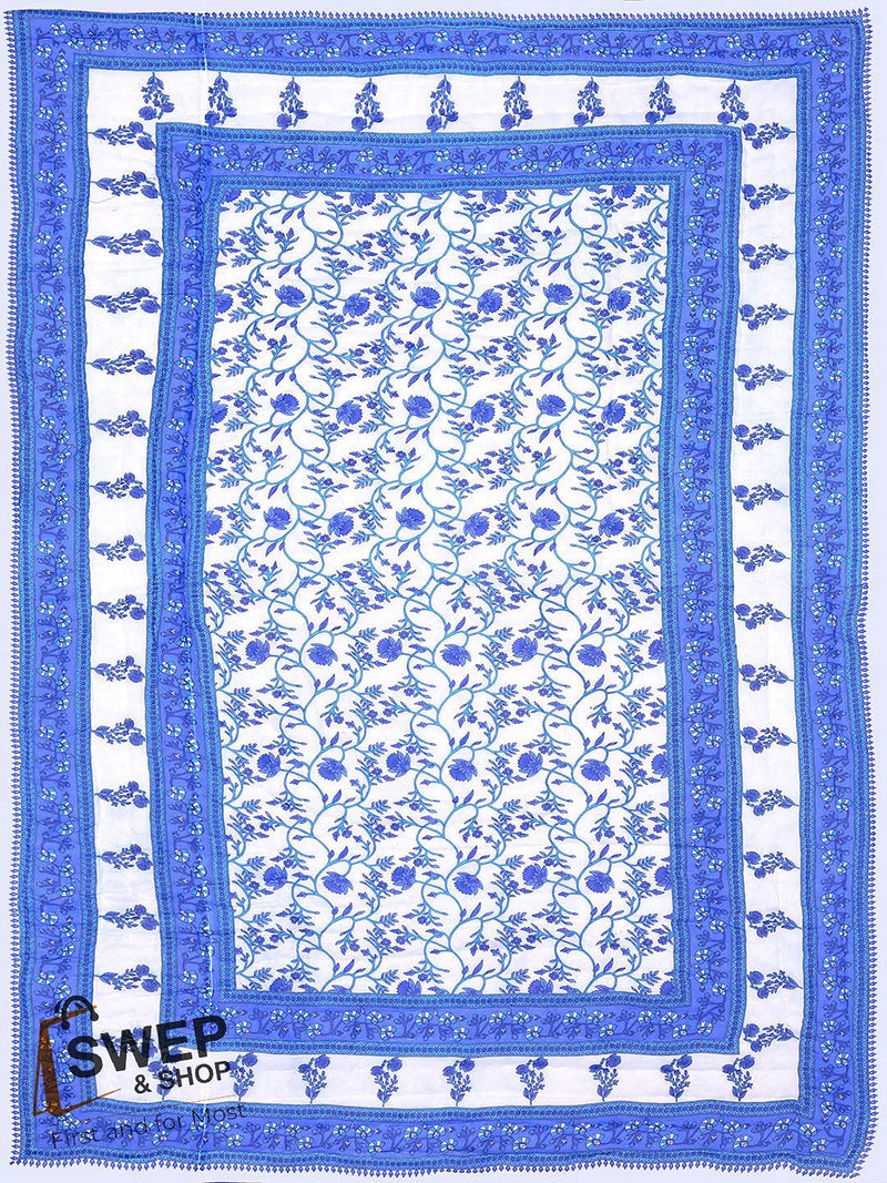 Namaste India World Famous Light Weight Cotton Reversible Floral Print Single Bed Razai (Blue and White)