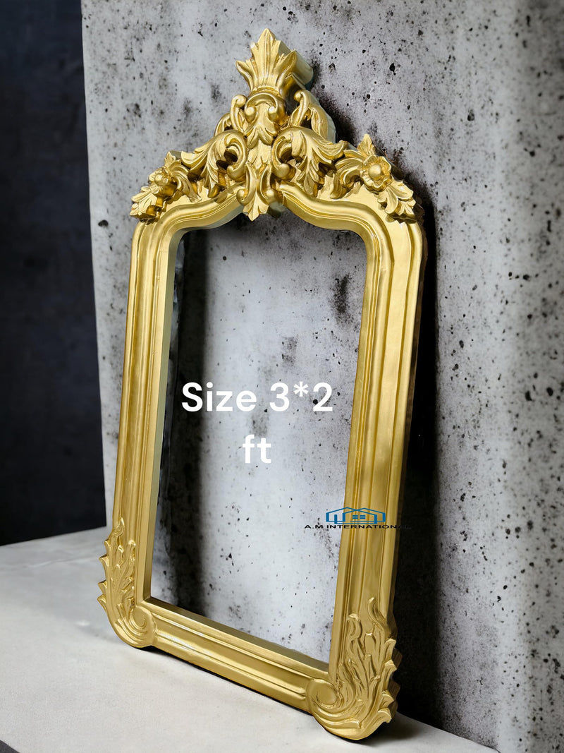 A.M INTERNATIONAL Wooden Carved Mirror Frame | Wooden Antique | Wall Hanging Mirror | Wooden Mirror Jharokha | Solid Wood | Horizontal, Vertical, Framed, Rectangular (3 * 2FT Antique Gold)