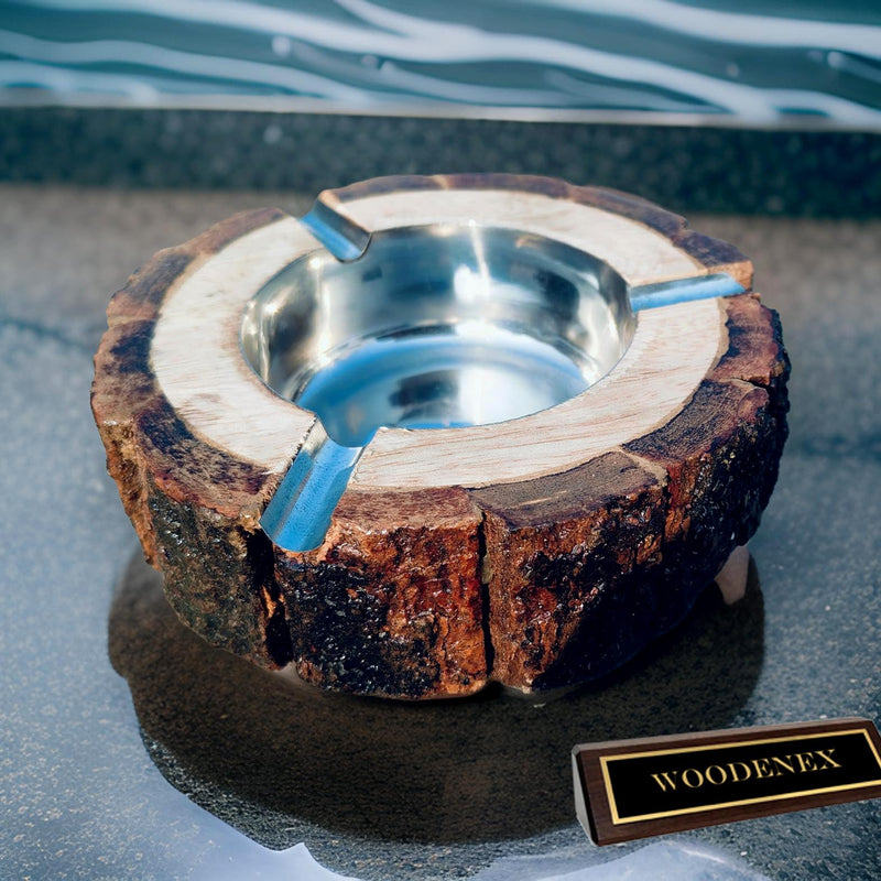 Woodenex Rustic Tree Bark Natural Wood Ashtray with Steel cup inside, Handcrafted Tree Trunk Decorative Ash tray, Dark Brown, Wooden Bark Natural Antique Ash catcher