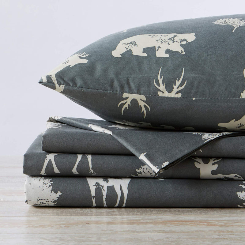 4-Piece Lodge Printed Ultra-Soft Microfiber Sheet Set. Beautiful Patterns Drawn from Nature, Comfortable, All-Season Bed Sheets. (Full, Forest Animal - Dark Grey)