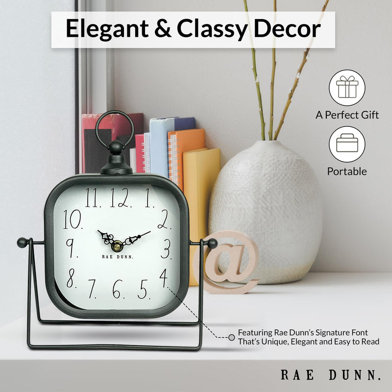 Rae Dunn Desk Clock - Battery Operated Modern Metal Rustic Design with Top Loop for Bedroom, Office, Kitchen - Small Classic Analog Display - Chic Home Décor for Desktop Table, Countertop