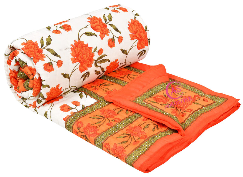 AUROSTYLE 400 TC Pure Cotton Double Bed Soft Jaipuri AC Quilt/Razai/Rajai Floral Print,Jaipuri razai Double Bed for Winter Printed,(White & Orange, 85 x 100 inch, Double Bed)