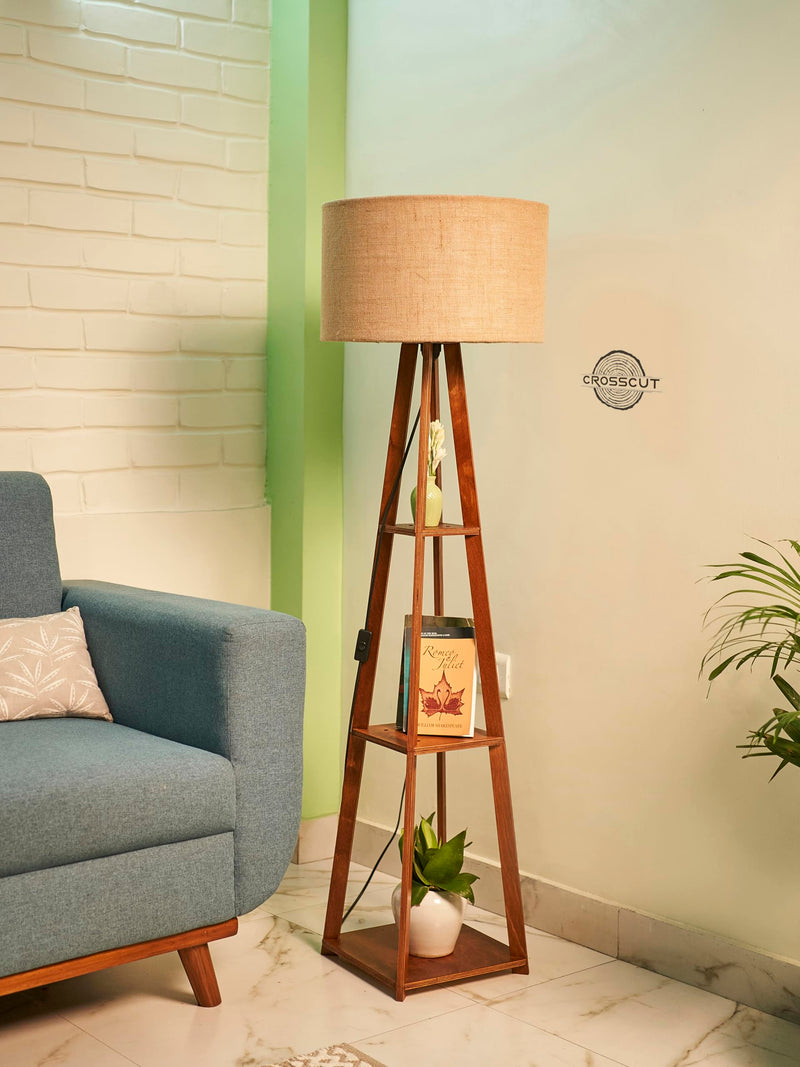 Crosscut Furniture Wooden Floor Lamp with Shelf (Natural Jute). LED Bulb Included