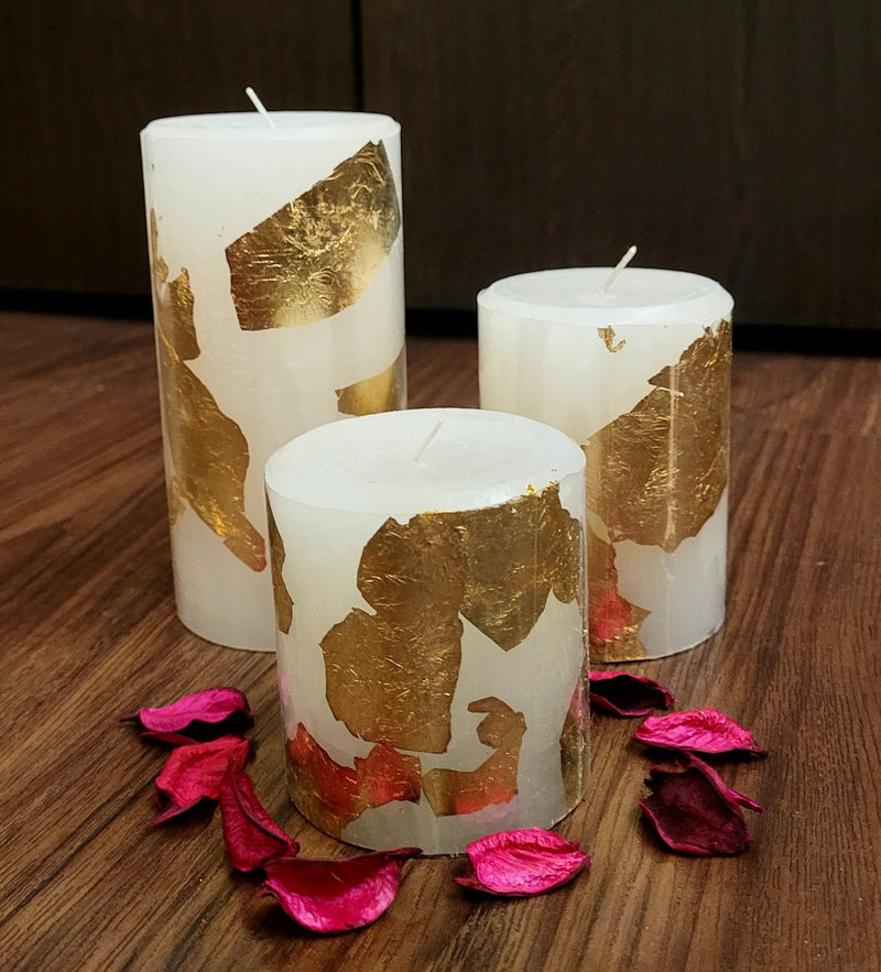 Urbaa Pillar Candle Set of 3 (3inch*3inch, 3inch*4inch, 3inch*6inch) || Long Burning || Gift Set || Set of 3 Candle Burning Time 90hrs, 70hrs and 55hrs || Pillar Candle. (Gold Foil)