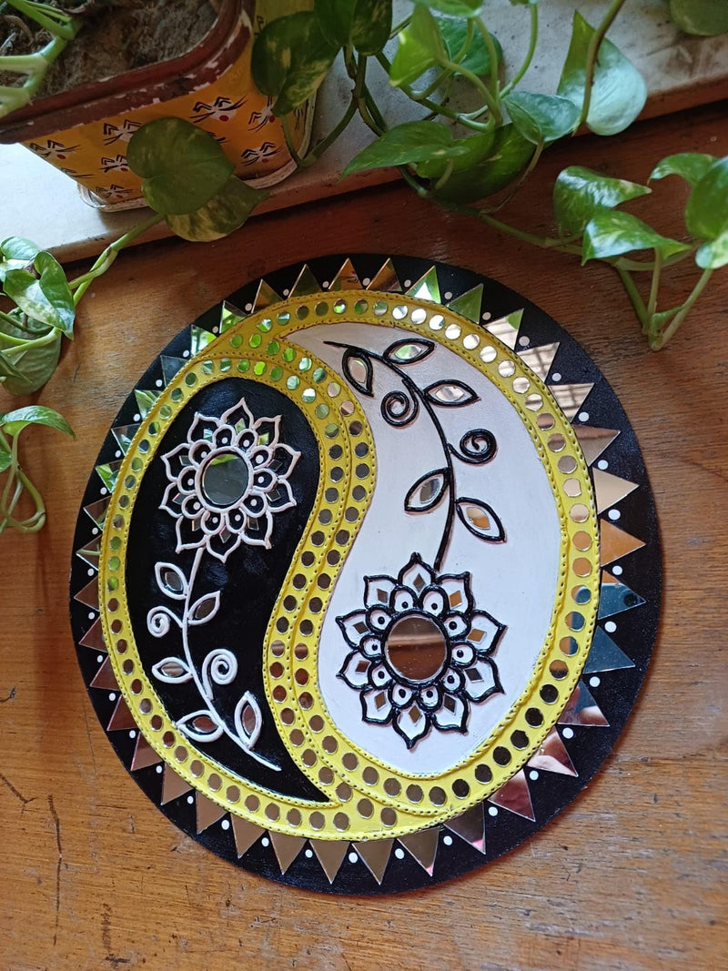 Decorative Item on MDF Board with Mouldit Clay, Acrylic Paint, Mirrors Wall Decor (Yin and Yang Symbol, 12 Inch)