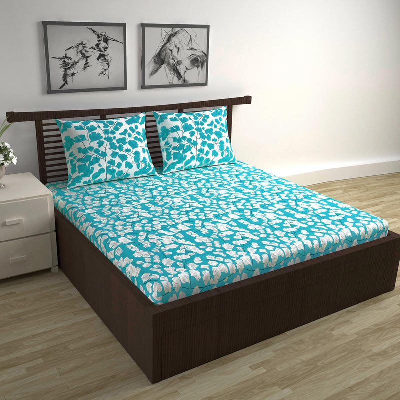 Divine Casa 120 Tc 100% Cotton Floral Blue Bedsheet For Double Bed With Pillow Covers - 254 X 222 Cm