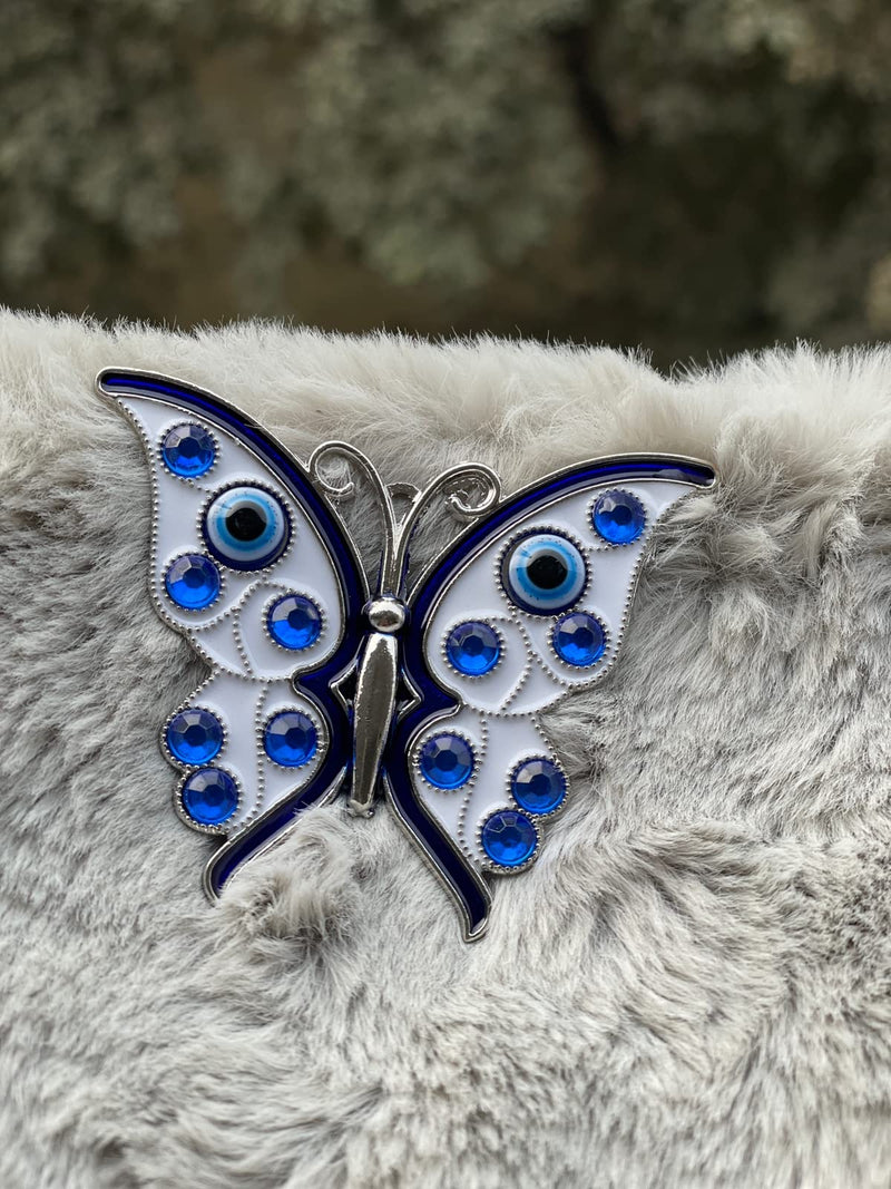 BLUE BEADS Silver Butterfly Turkish Evil Eye Fridge Refrigerator Sticker Magnet - Sign of Good Luck & Protection Unique Souvenir Items Home and Office Decorative Things & Car Accessories