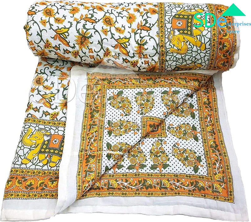 CHHAARODIYA Rajasthani Light Weight Cotton Single Bed Reversible use Soft AC Blanket with Elephant Border (THVR37, Yellow, 55X85 inch)