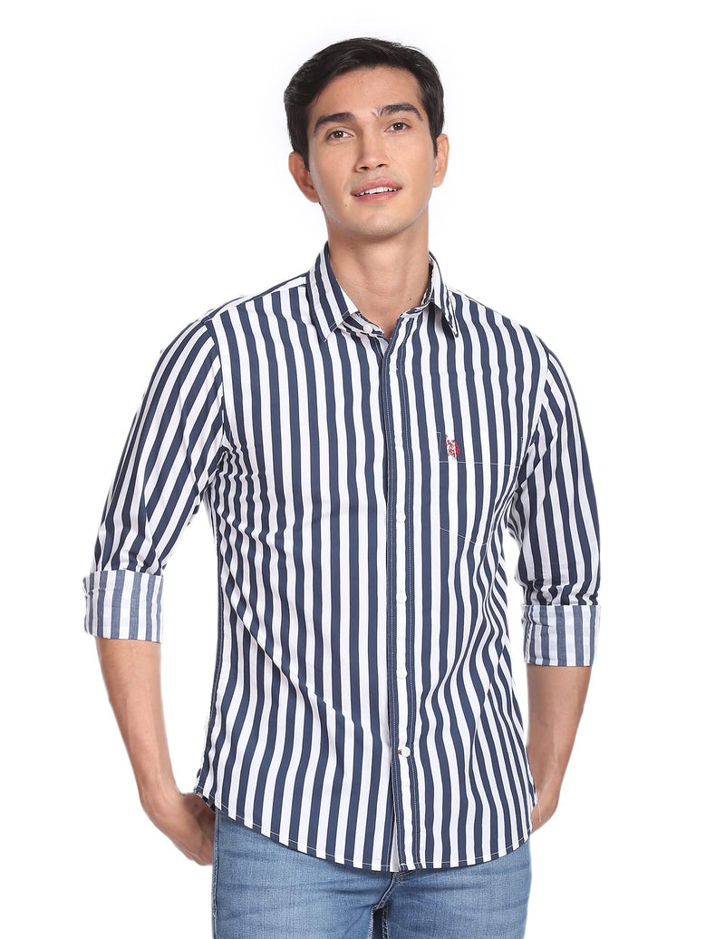 U.S. POLO ASSN. Mens Printed Stripe Regular Fit Fs Shirts (Usshtfx0072_Navy_M)