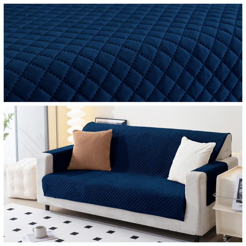 SHADES OF HOME - 3 Seater Quilted Soft Velvet Sofa Cover with Elastic Belt, 180x184 cm, Blue