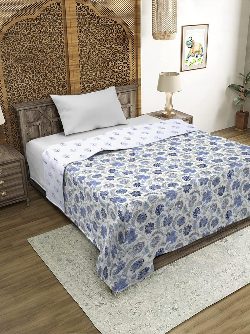 Rajasthan Décor Graceful White and Blue Floral Printed 120 GSM Reversible Cotton Single Bed AC Dohar - Soft and Cozy Lightweight Blanket for All Seasons