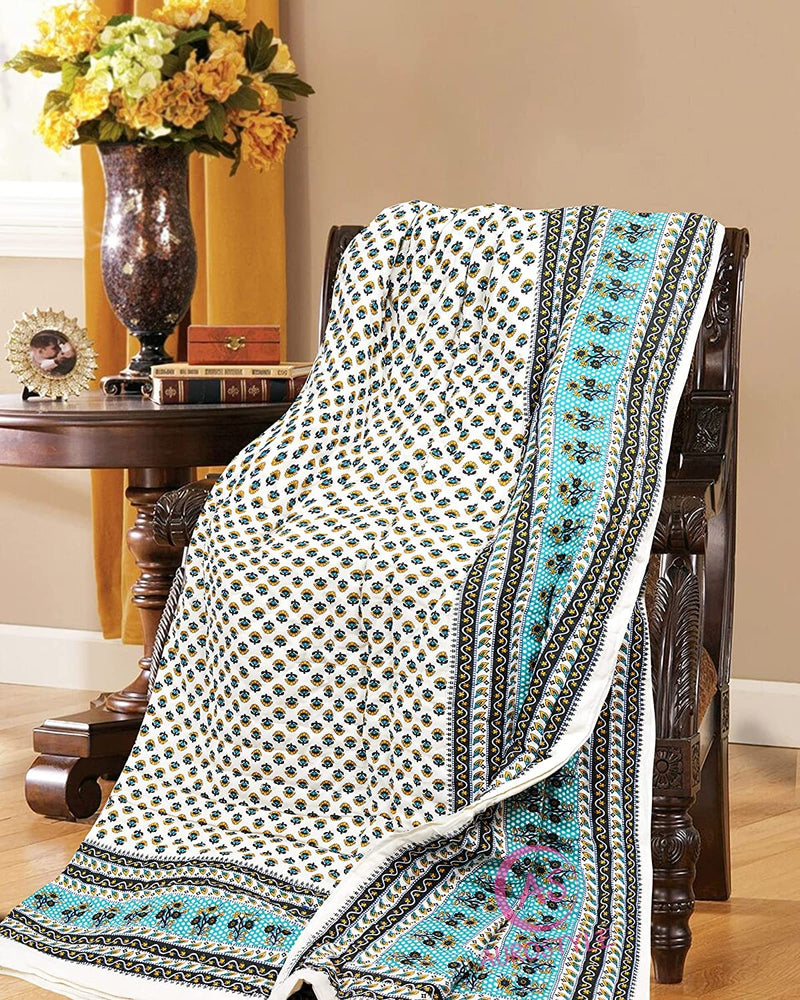 AUROSTYLE 400 GSM Light Weight Rajasthani Traditional Jaipuri Hand Block Print Summer and Winter Cotton Double Bed Quilt Razai [Double Bed 90 x 105 Inch] (Design 9)