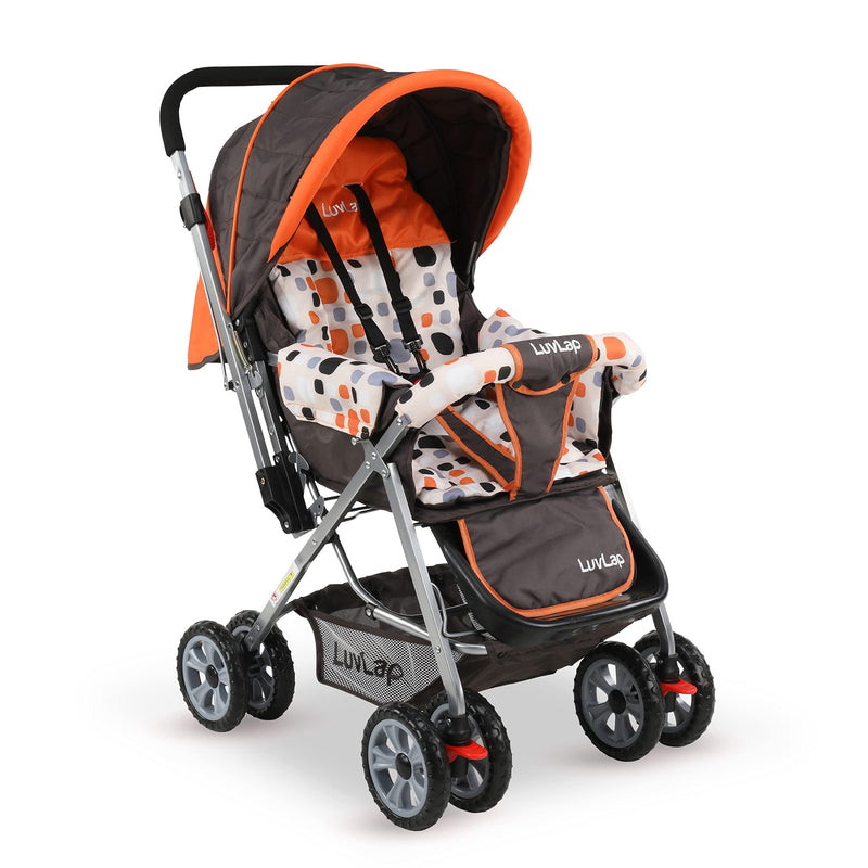 LuvLap Sunshine Baby Stroller / Pram for 0 to 3 Years, New Born / Toddler / Kid, 5 Point Safety Harness, Adjustable backrest, 360° Swivel Wheel, Large storage basket, Reversible Handlebar (Orange)