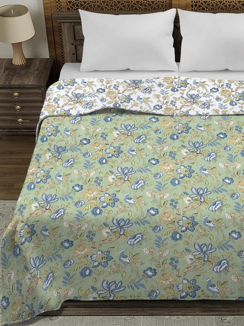 Rajasthan Décor Elegant Green Floral Printed 120 GSM Reversible Cotton Single Bed AC Dohar - Soft and Cozy Lightweight Blanket for All Seasons