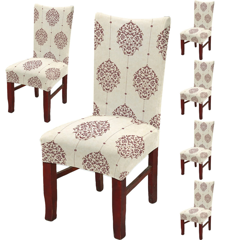 BRIDA ® Poly Cotton Spandex Stretchable Floral Geometric Printed Dining Chair Covers Elastic Chair Seat Case Protector, Slipcovers (6 Chair Cover, Damask Beige)