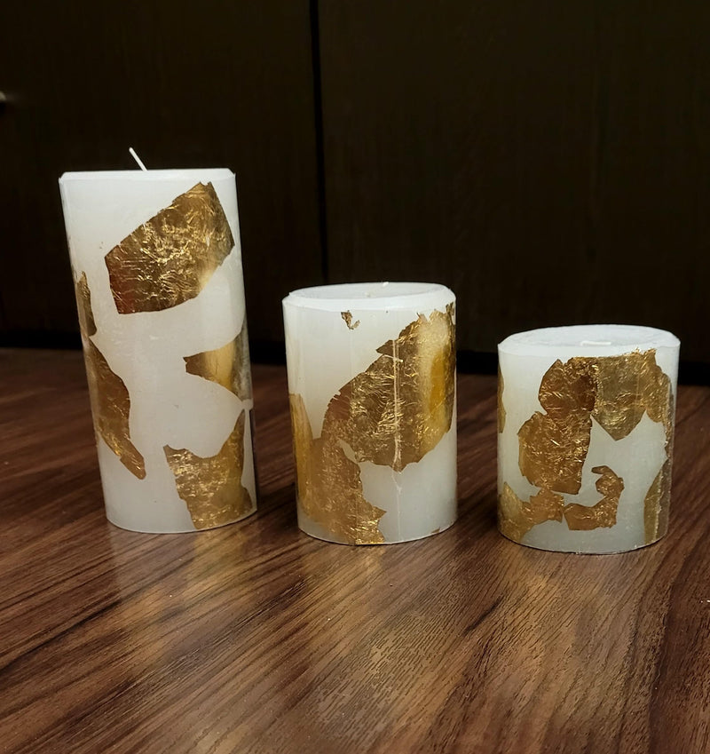 Urbaa Pillar Candle Set of 3 (3inch*3inch, 3inch*4inch, 3inch*6inch) || Long Burning || Gift Set || Set of 3 Candle Burning Time 90hrs, 70hrs and 55hrs || Pillar Candle. (Gold Foil)