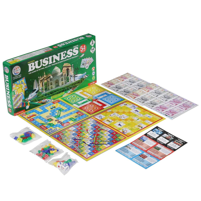 BKDT Marketing Business India Board Game 5 in 1 Board Game with Other Games Like Ludo, Snakes Ladder, Car Rally & Cricket (Senior Business with Notes)