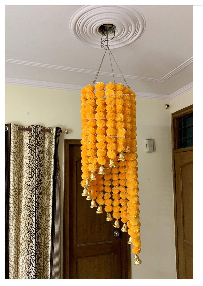 SPHINX artificial marigold fluffy flowers (genda phool) chandelier/jhoomar (Light Orange, approx. 4 ft.)