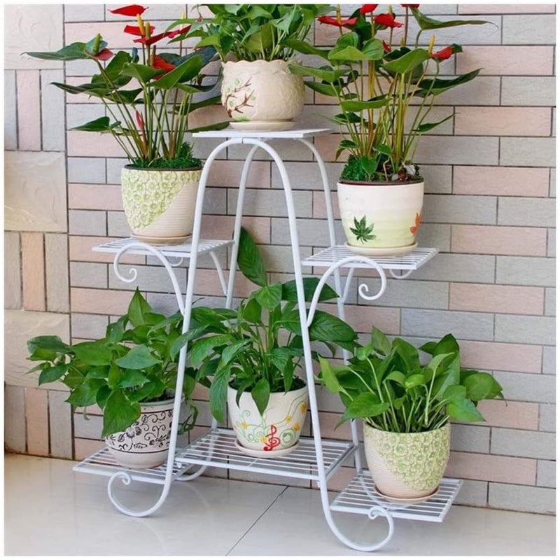 Kundi 6 Tier Plant Stands for Indoors and Outdoors, Flower Pot Holder Shelf for Multi Plants, Black Metal Plant Stand for Patio L-32 x W-10 x H-29 inches (White1)