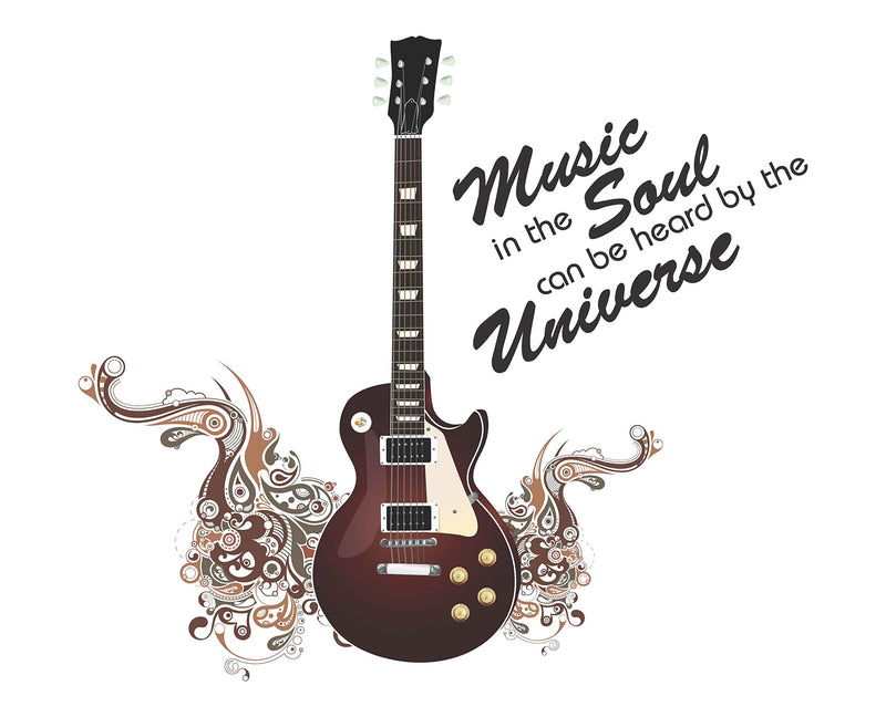 DivineDesigns™ Vinyl Brown Guitar with Quotes Music Soul Universe Wall Sticker for Music Lovers Living Room, Bedroom, Office (22X22 Inch) Pack of 1