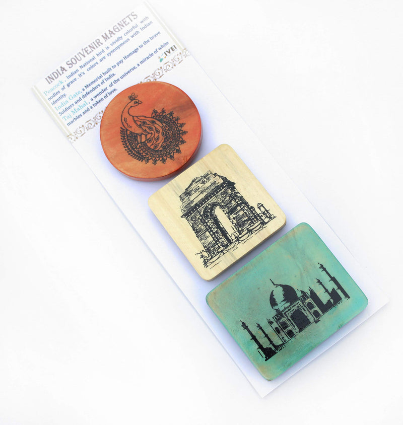 IVEI Wooden Magnets � Taj Mahal, India Gate, Peacock Print � Fridge Magnet � Innovative Magnets for Home and Kitchen Decoration - Independence Day Gifts (Set of 3)