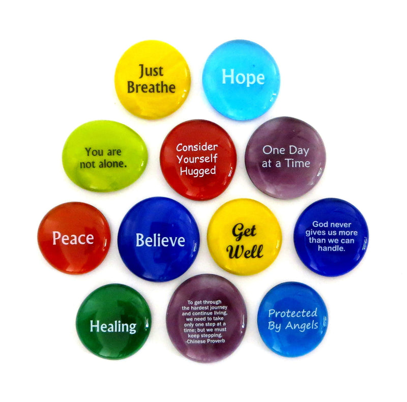 Comfort Stones,12 Encouraging and Comforting Sayings On Glass Stones For Anyone Facing a Challenge Or Illness. By Lifeforce Glass.