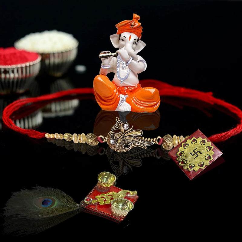 Xtore Rakhi with Ganesha Idol Combo Set | Ganesha Idol Figurine | 1 Ganesha Idol, 1 Rakhi, 1 Swastik, 1 Thali (Pack of 4, Multi)