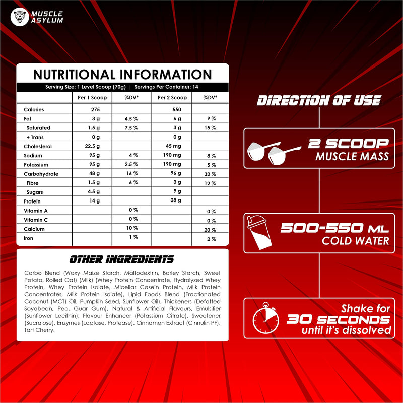 Muscle Asylum- Muscle Mass Anabolic Gainer-14g Protein,48g carbs, 275g Calories High Calorie Mass Gainer Weight Gainer Powder Chocolate (2.2lb, 14 Servings)