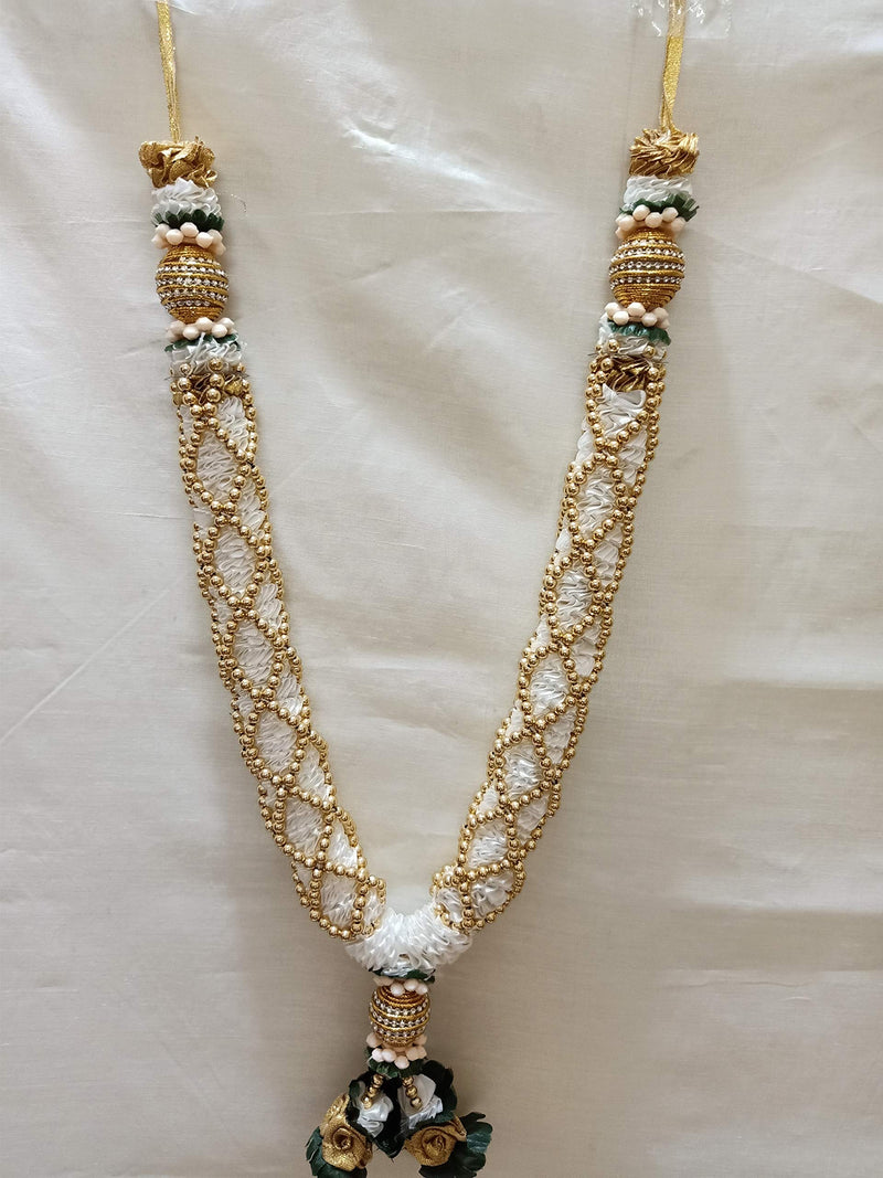 Sri Sainath Enterprises White with Gold Balls Chain with Golden Stone Ball with Jasmine Flowers Garland Length - 45 cm