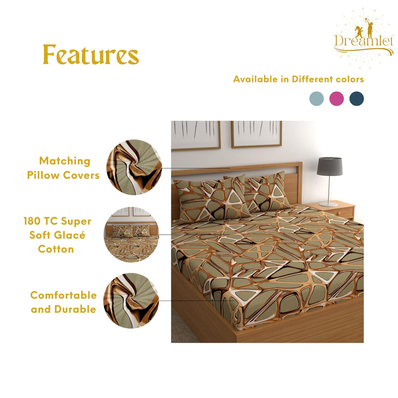 DREAMLET Bedsheet for Double Bed, Double Bedsheet Glace Cotton, Double Bedsheet, Bedsheets Double Bed Size, 160 TC 2 Glace Cotton Bedsheet with 4 Pillow Covers (Brown & Golden)