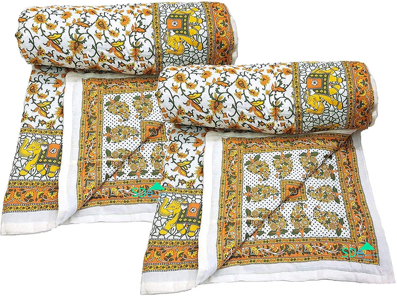 CHHAARODIYA Rajasthani Light Weight Cotton Single Bed Reversible use Soft AC Blanket with Elephant Border (THVR37, Yellow, 55X85 inch)