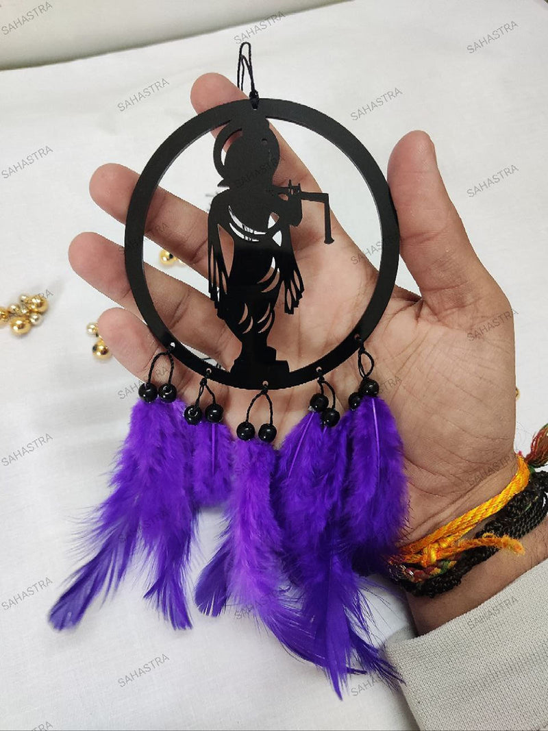 SAHASTRA Dream Catcher Hand Made for Positive Vibes, Wall Decor and car Hanging Made with Acrylic Material of Feathers (Round Krishna)