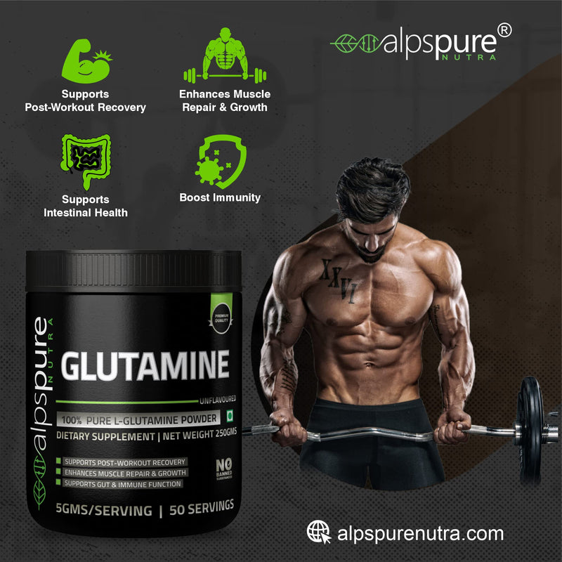 Alpspure Nutra 100% Pure Glutamine Powder (250 G) Unflavoured | Post Workout Supplement for Muscle Growth & Recovery | Sports & Fitness Nutrition for Men & Women | L-Glutamine | Amino acid