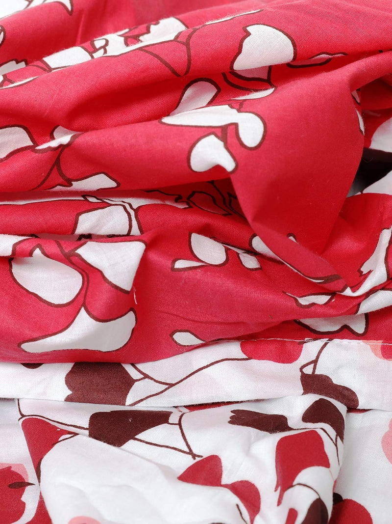 Trance Home Linen Cotton Malmal Double Dohar, 84x88 Inches (Red Abstract Leaves)