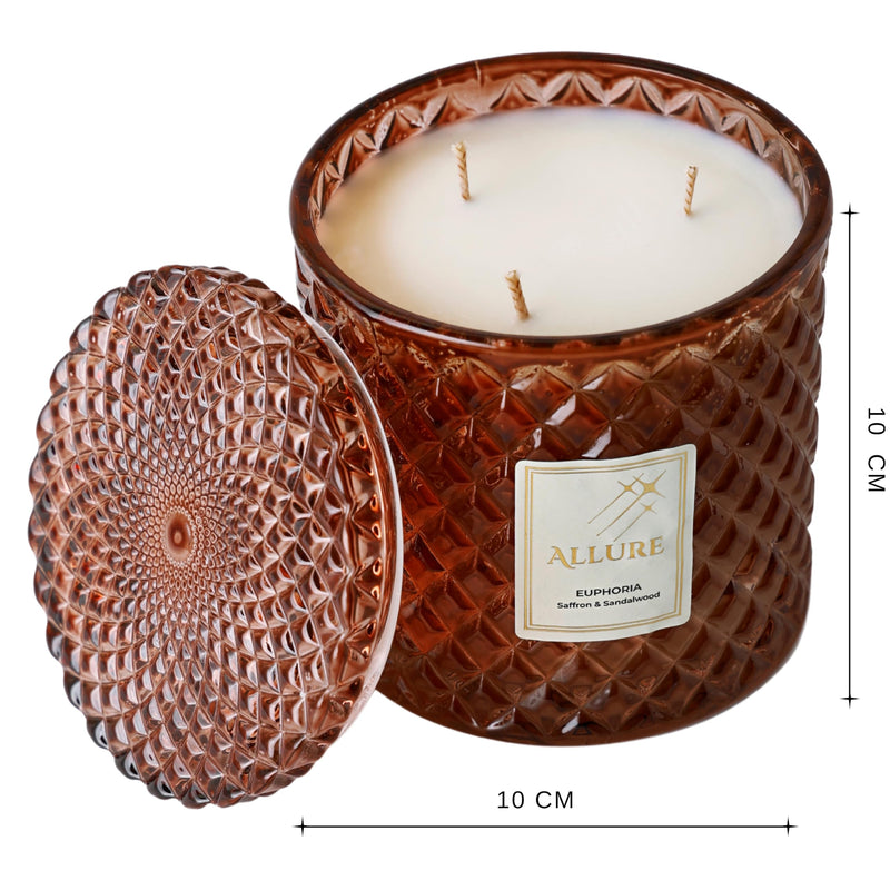 Allure Living Euphoria - Luxury Saffron & Sandalwood Soy Candles | Large 3 Wick Jar Candle | Up to 60 Hours Burning Time | Natural Soy Wax | Relaxing Aromatherapy Aesthetic Candle | Scented Candle