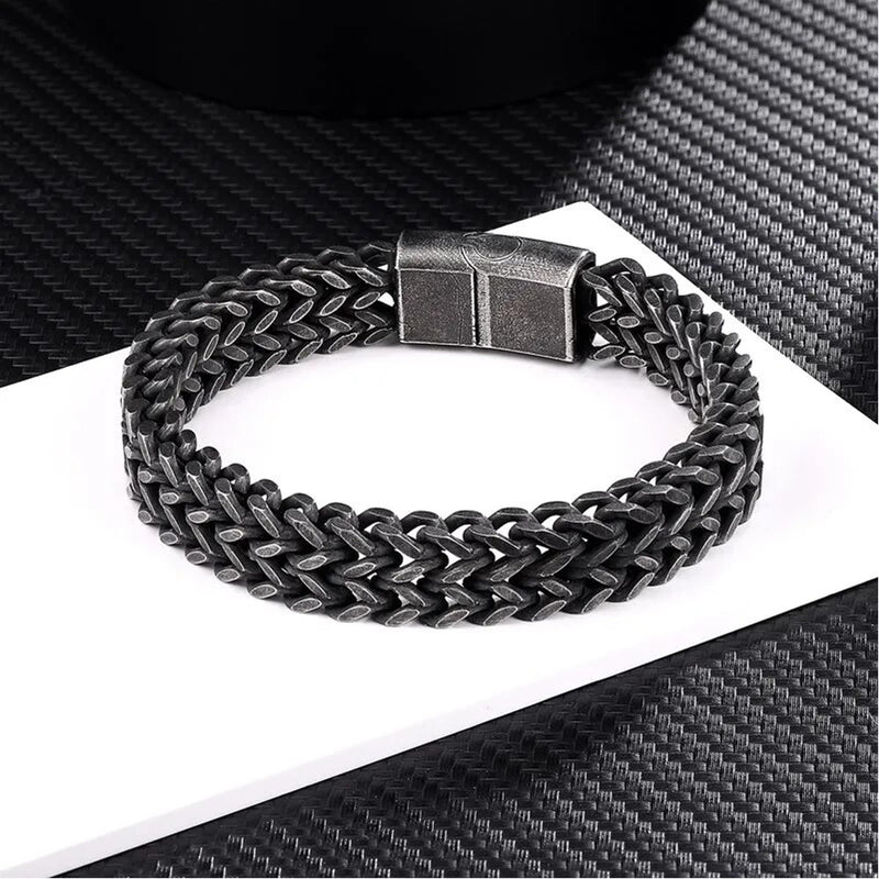 Fashion Frill Black Silver Bracelet For Men Stainless Steel Double Layered Charm Bracelets For Men Boys Love Gifts Mens Jewellery