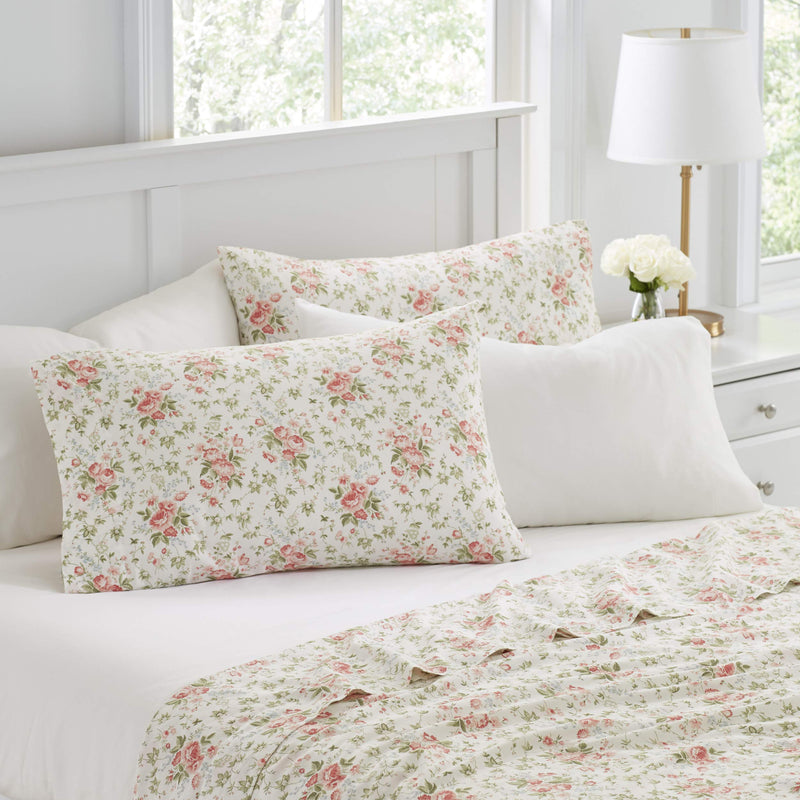 Laura Ashley Home | Percale Collection | 6-Piece Percale Weave Sheet Set - 100% Cotton Bedding - Cool, Crisp, and Breathable, Queen, Marissa Coral