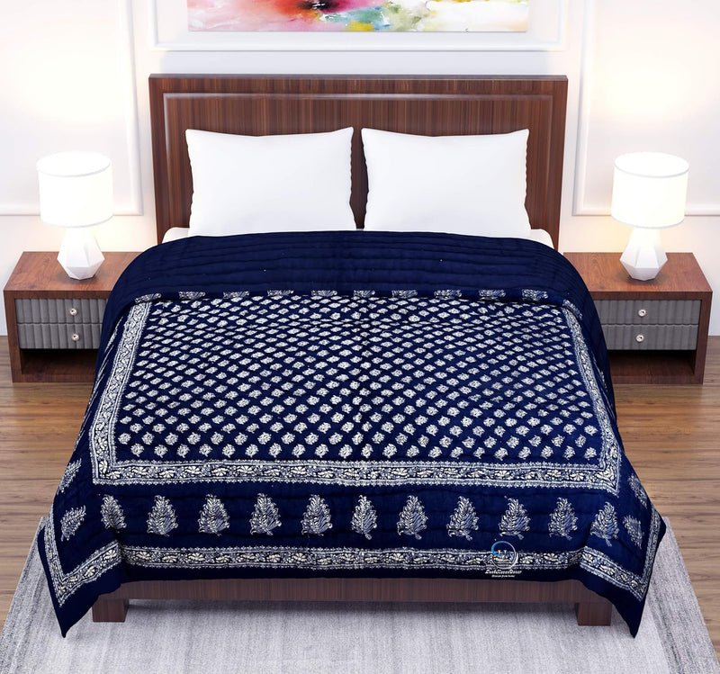 BLOCKSOFJAIPUR 400 TC Jaipuri Razai Light Weight Pure Cotton Traditional Floral Silver Golden Print Design with Gold Print Single Bed Quilt/Rajai (Blue with Daie Gold Print, Single Bed)