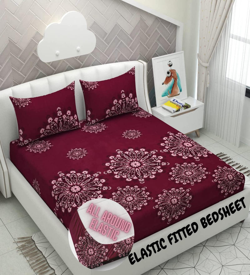 YaAkholic Cotton Feel All Around Elastic Fitted Queen Size Double Bed Bedsheet with 2 Large Pillow Covers Fits Upto Mattress of 8 Inches, Size-72"x78" Inches, Wine Floral, 180-200 tc