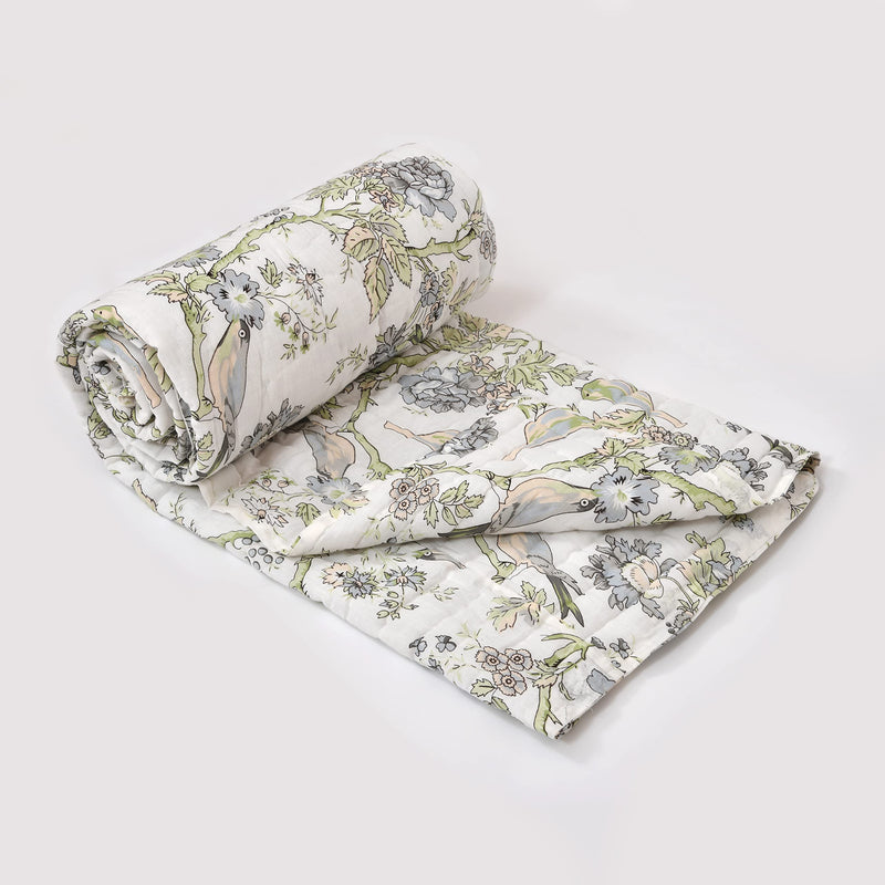 FABDESIGN QUILTS 400 TC Hand Block Organic Pure Cotton Bird Or Leaf Printed Razai Double Bed Size Jaipuri Quilt Rajai - (90X105) Multi, lightweight, Pack of 1