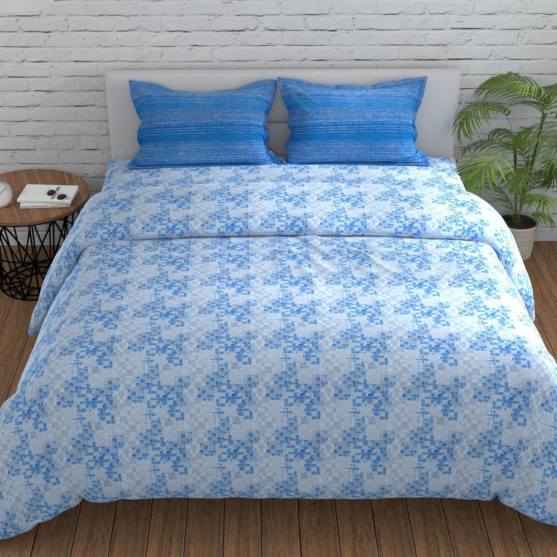 Huesland by Ahmedabad Cotton 144 TC King Size Bedsheet Cotton with 2 Pillow Covers | Grid | 108 x 108 inches | Blue, Grey & White