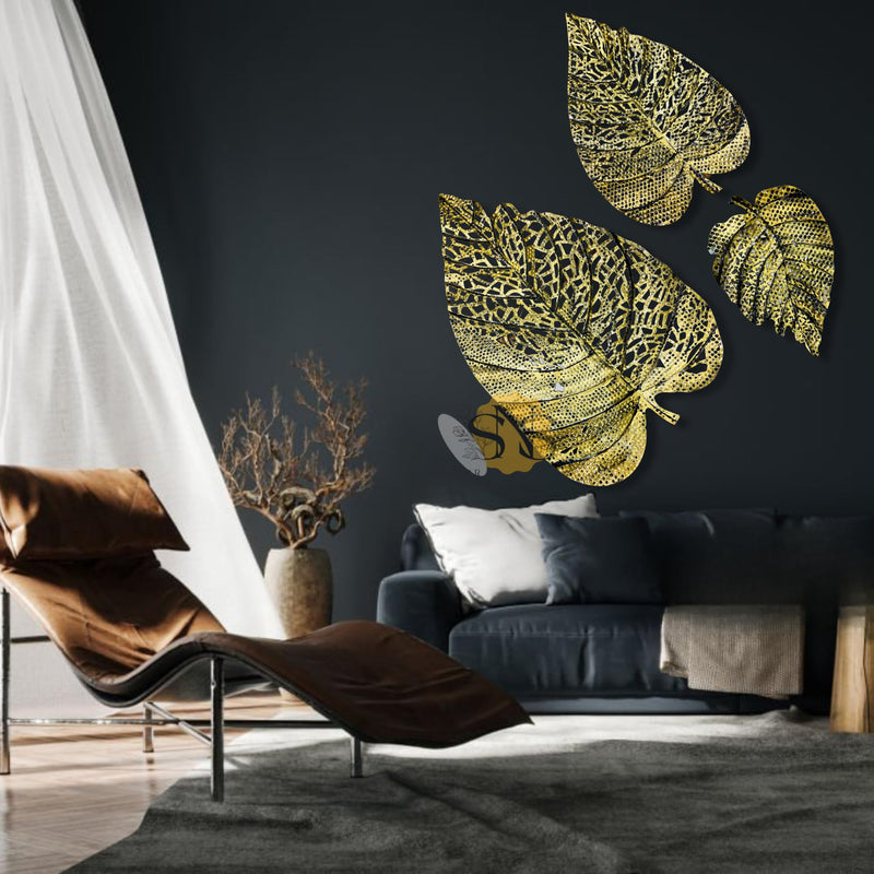 SNS Decor Metal Leaf (Set of 3) Brass Antique Finish Wall Art Decorations | Perfect 3D Wall Sculpture for Living Room, Bedroom, Drawing Room & Office